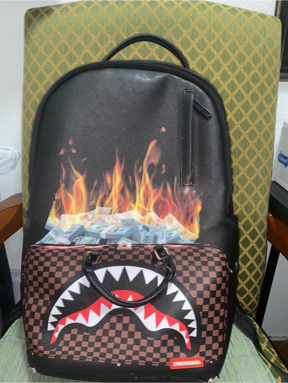 Spray ground Black Graphic Backpack with Flame & Money Print